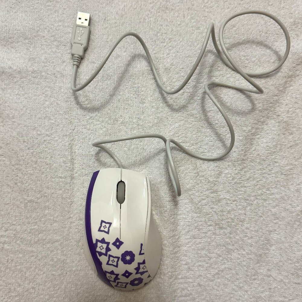 FileMate USB Standard Mouse, White with Purple Flowers